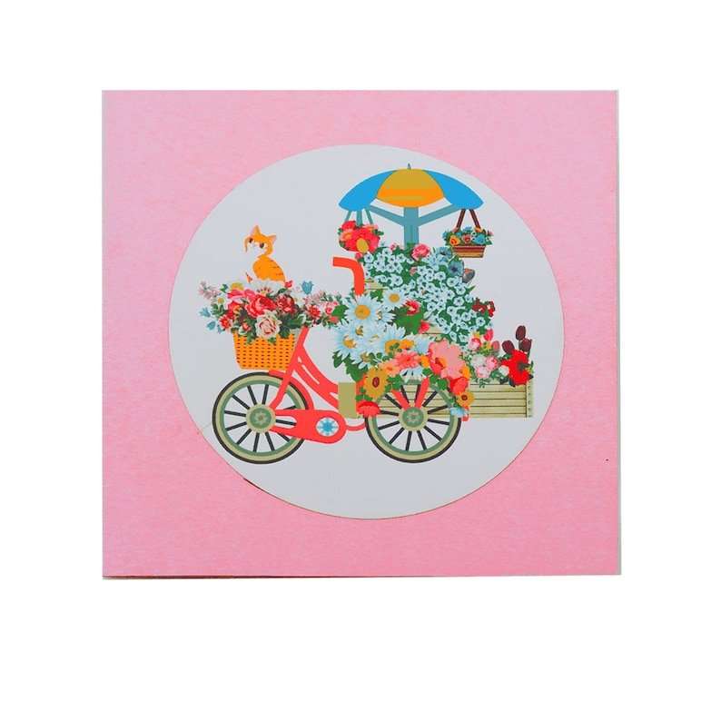 Large Handmade 3D Pop Up Card Cat Bike Flower Cart