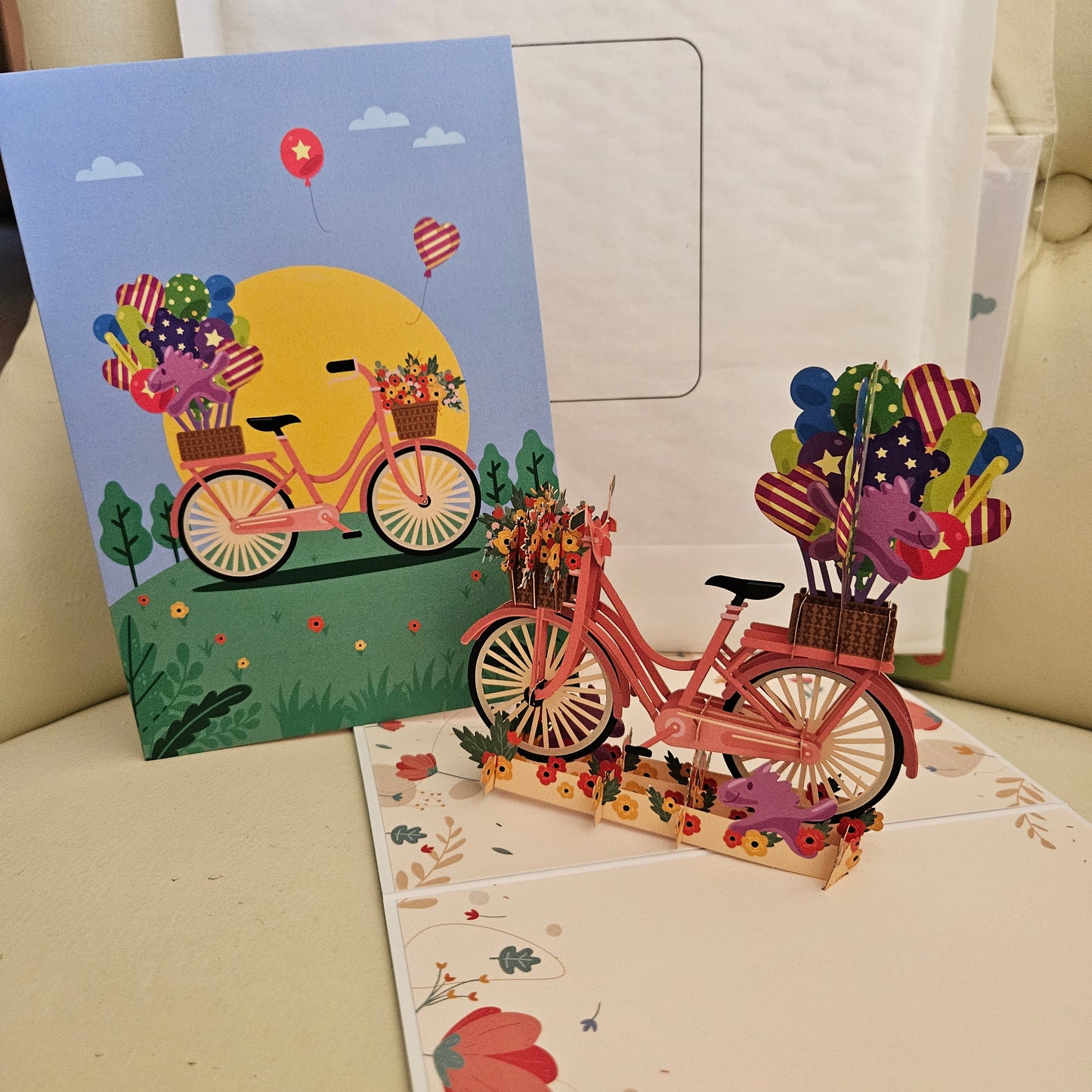 Large Handmade 3D Pop Up Card Pink Bike with Flowers