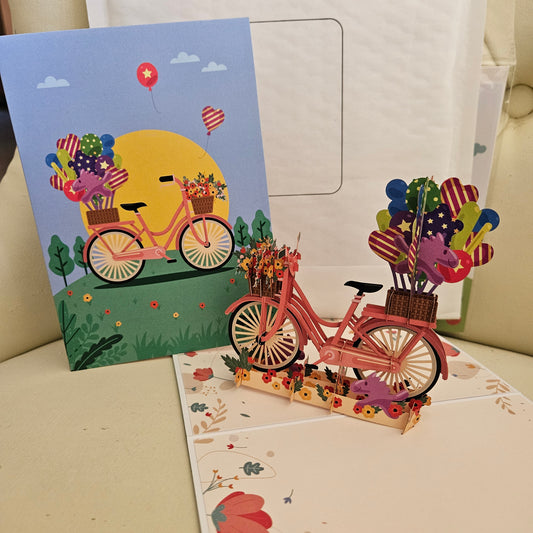 Large Handmade 3D Pop Up Card Pink Bike with Flowers