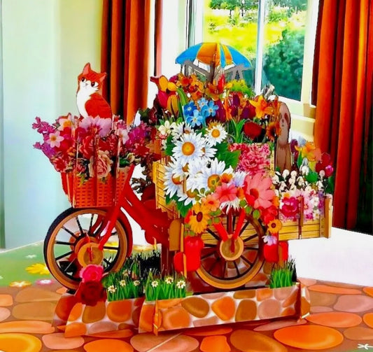 Large Handmade 3D Pop Up Card Cat Bike Flower Cart